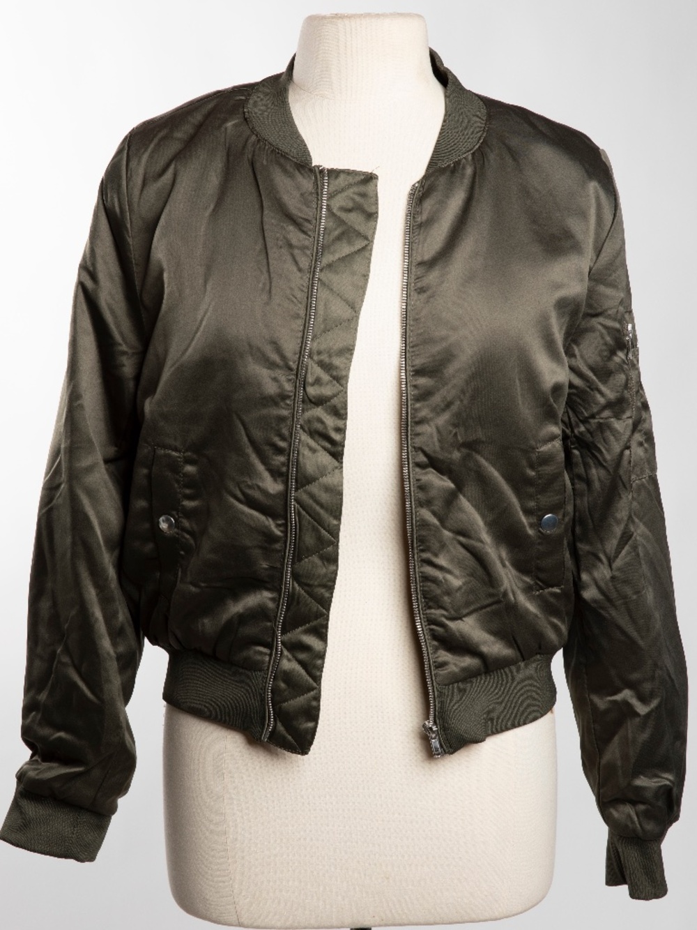 Olive Green shiny womens bomber jacket by Ambiance - Size Small
